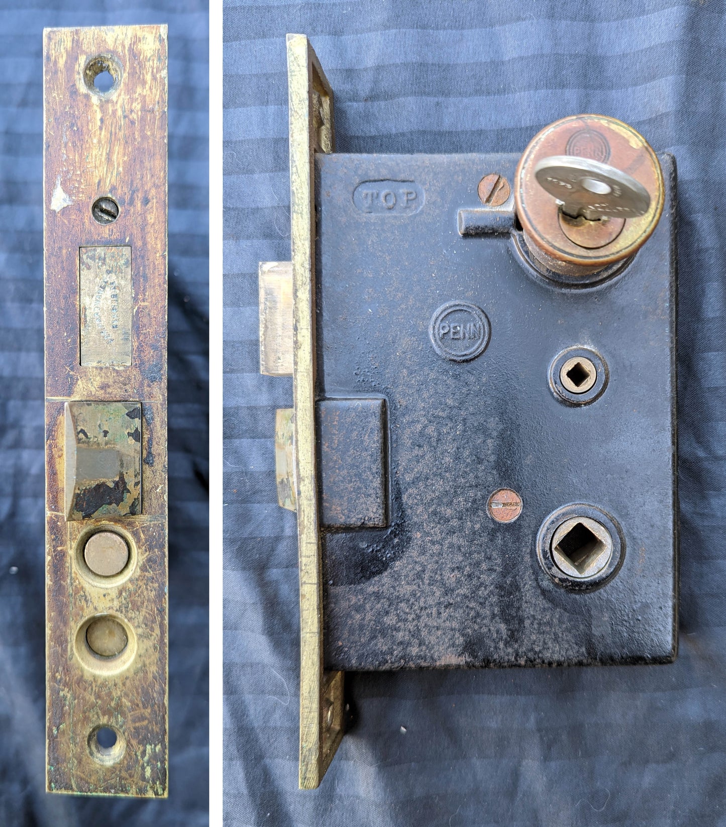 Antique Vintage Old Salvaged Reclaimed "Penn" Exterior Entry Commercial grade Door Set Bronze Brass Knob Plate Lock Lockset Key