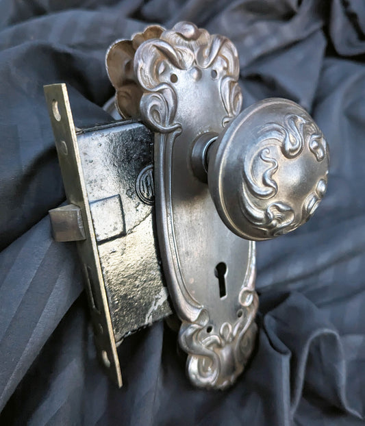 10 available CLEANED Antique Vintage Old Salvaged Reclaimed Art Nouveau "Sargent" Steel Door Set Knob Brass Plate Lock Lockset