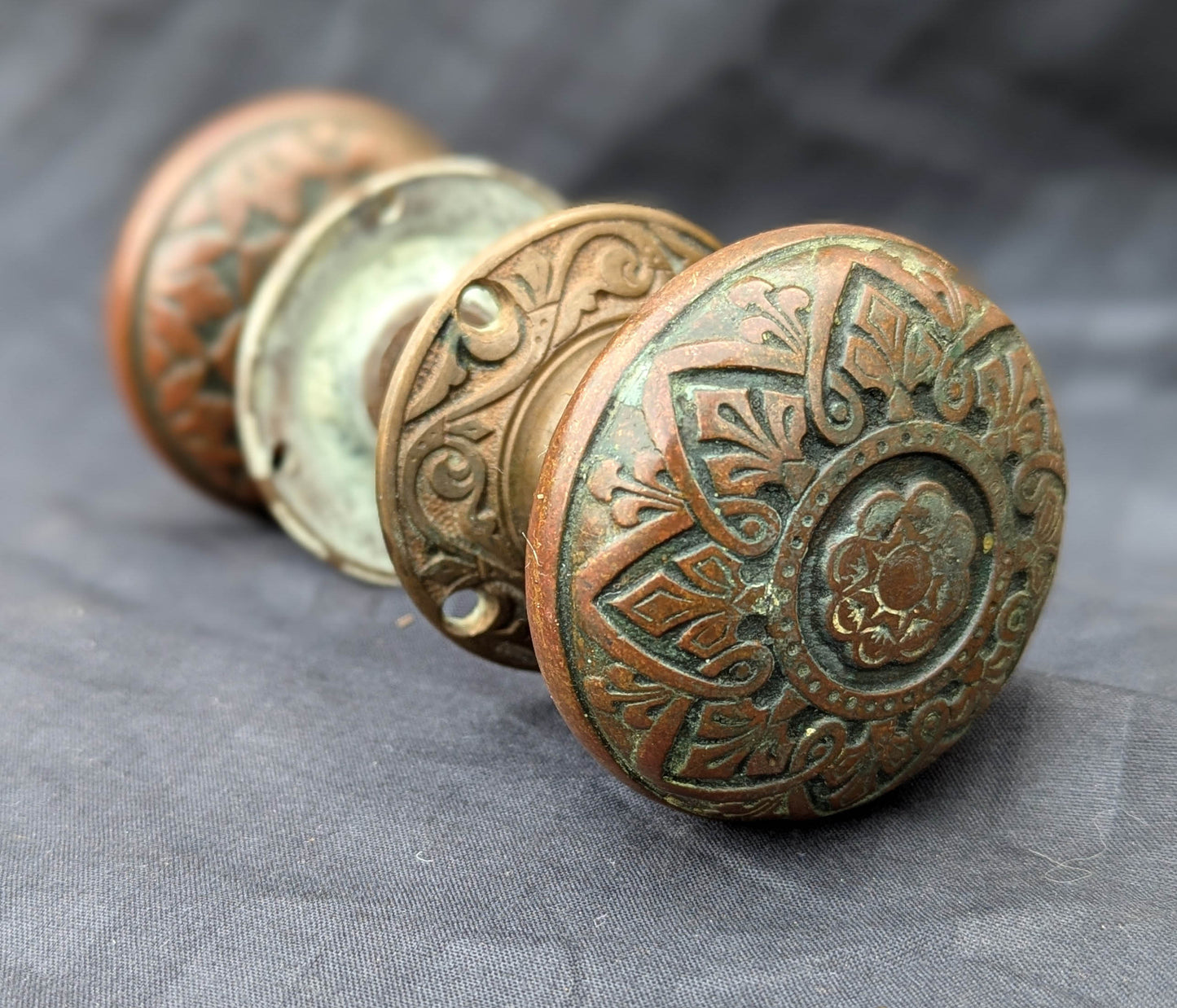 2 available Pair Antique Vintage Old 1870s SOLID Cast Bronze Russell Erwin Victorian Eastlake  Doorknob Door Knobs Round Plates Rosettes