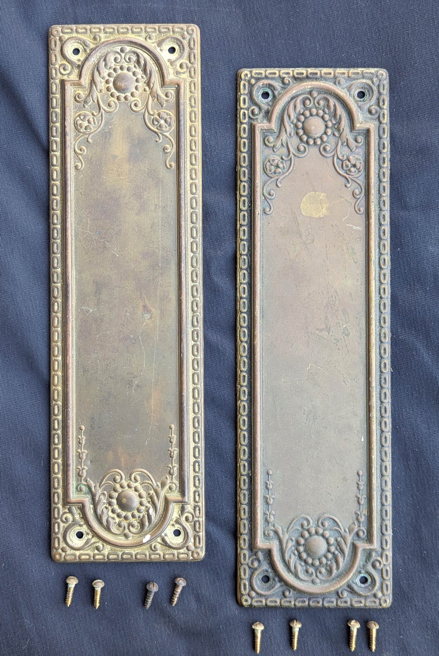 Pair of 3"x10" Antique Vintage Old Salvaged Reclaimed Victorian Neo Classical SOLID Brass Swinging Door Push Plates