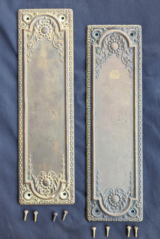 Pair of 3"x10" Antique Vintage Old Salvaged Reclaimed Victorian Neo Classical SOLID Brass Swinging Door Push Plates
