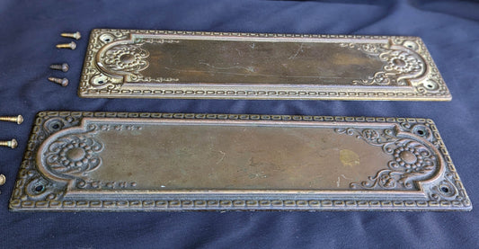 Pair of 3"x10" Antique Vintage Old Salvaged Reclaimed Victorian Neo Classical SOLID Brass Swinging Door Push Plates