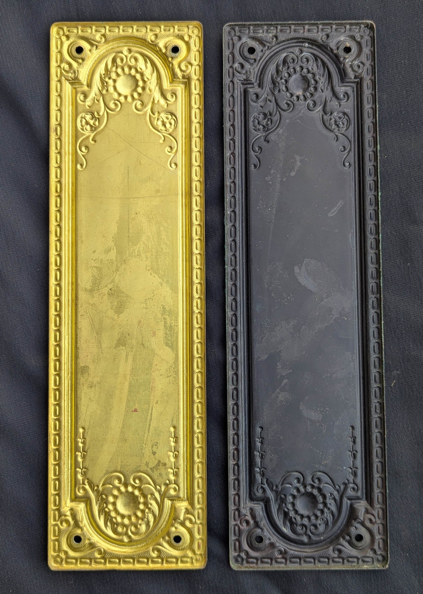 Pair of 3"x10" Antique Vintage Old Salvaged Reclaimed Victorian Neo Classical SOLID Brass Swinging Door Push Plates