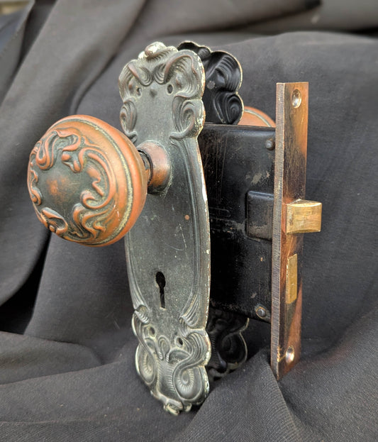 Antique Vintage Old Salvaged Reclaimed Art Nouveau "Sargent" SOLID Brass Door Set Knob Brass Plate Lock Lockset