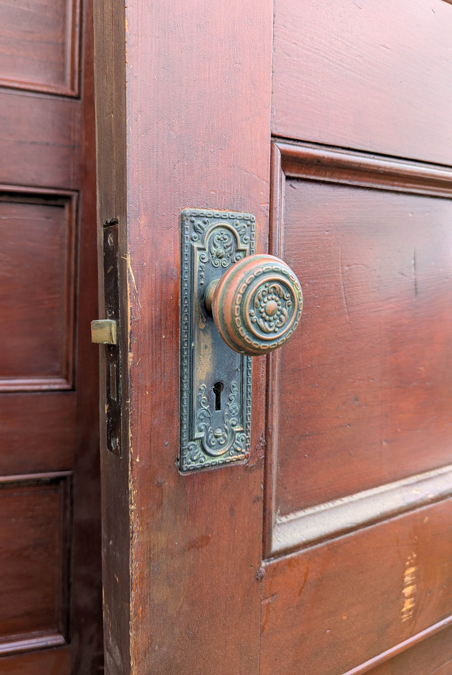 Antique Vintage Old Salvaged Reclaimed Victorian Green Revival "Sargent" SOLID Brass Door Set Knob Brass Plate Lock Lockset