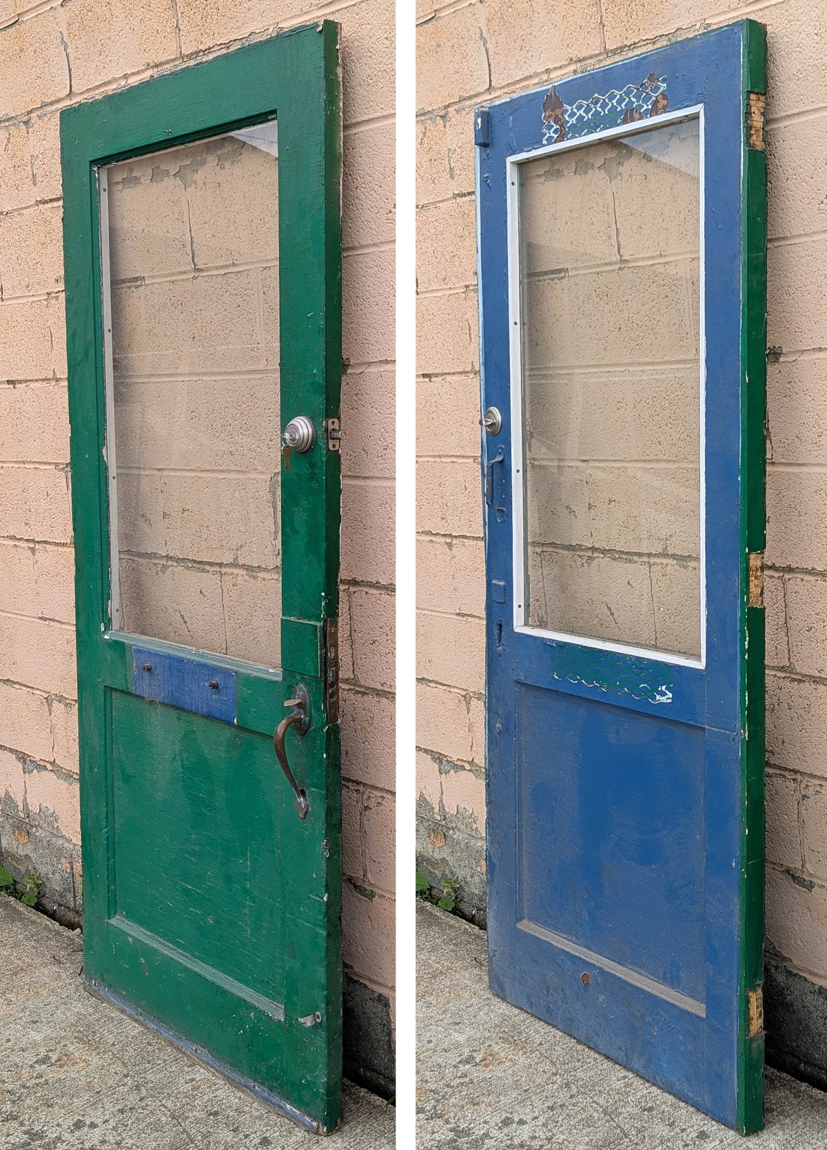 2 available 36"x82"x1.75" Antique Vintage Old Reclaimed Salvaged Wood Wooden Entry Exterior Door Half Length Window Tempered Glass Pane Lite Panel Hardware