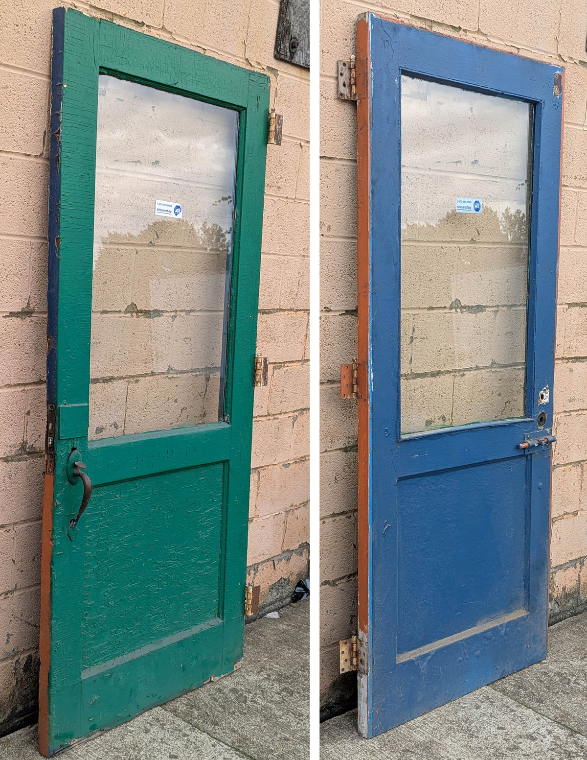 2 available 36"x82"x1.75" Antique Vintage Old Reclaimed Salvaged Wood Wooden Entry Exterior Door Half Length Window Tempered Glass Pane Lite Panel Hardware