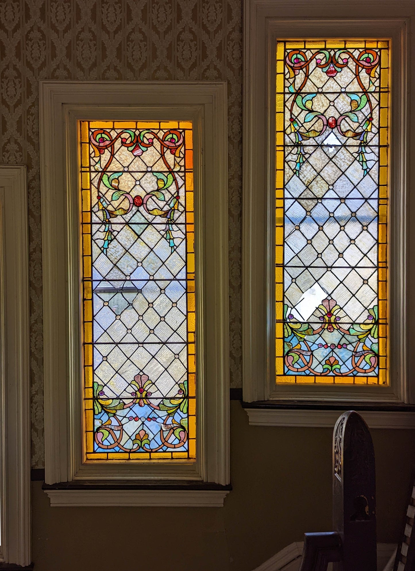 Pair of 28"x82" Antique Vintage Old Salvaged Reclaimed 1889 Victorian Stained Textured Slag Glass Windows Doors Side Lites Gems Jewels