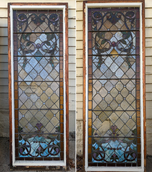 Pair of 28"x82" Antique Vintage Old Salvaged Reclaimed 1889 Victorian Stained Textured Slag Glass Windows Doors Side Lites Gems Jewels