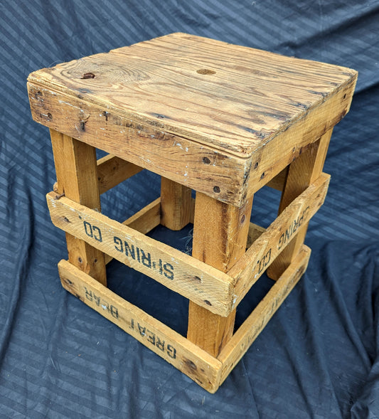 Vintage Antique Old "Great Bear Spring Co." Solid Pine Wood Wooden Crate Box Bin Table Foot Step Stool Plant Stand Side Accent Chair Seat Garden Bench