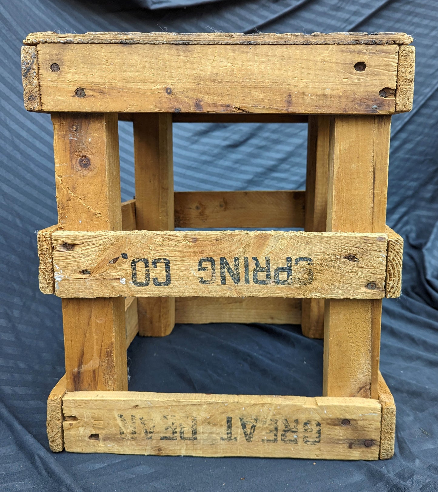 Vintage Antique Old "Great Bear Spring Co." Solid Pine Wood Wooden Crate Box Bin Table Foot Step Stool Plant Stand Side Accent Chair Seat Garden Bench
