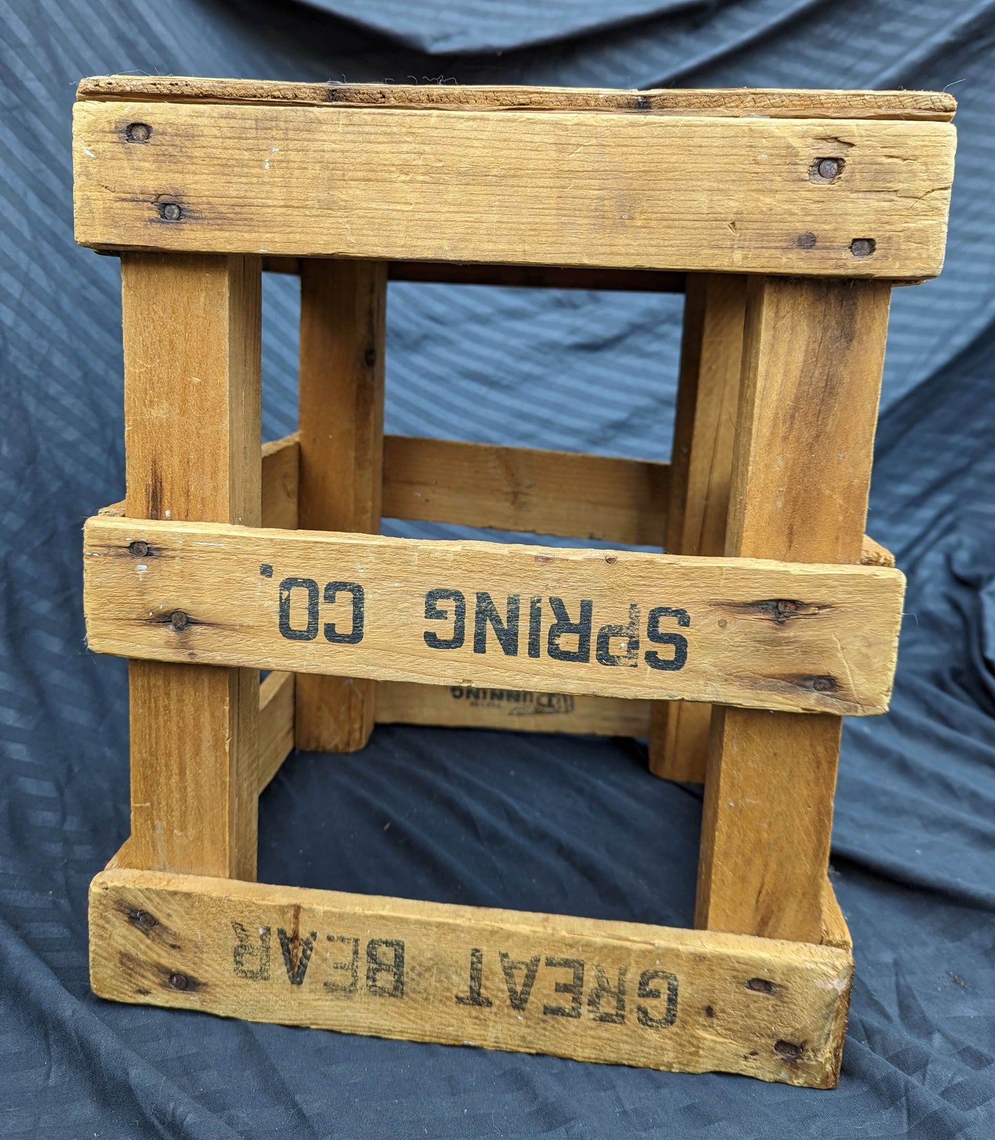 Vintage Antique Old "Great Bear Spring Co." Solid Pine Wood Wooden Crate Box Bin Table Foot Step Stool Plant Stand Side Accent Chair Seat Garden Bench