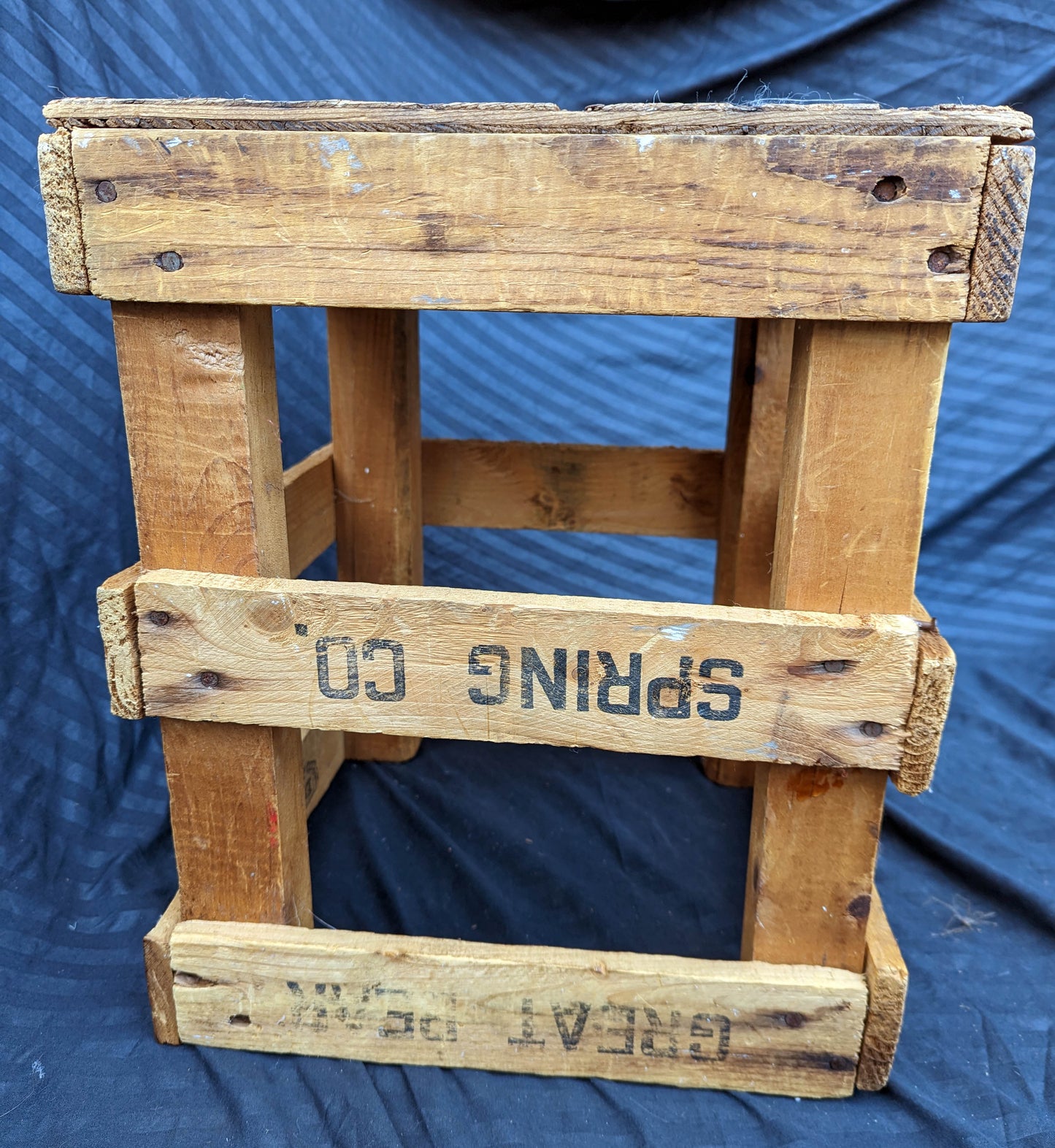 Vintage Antique Old "Great Bear Spring Co." Solid Pine Wood Wooden Crate Box Bin Table Foot Step Stool Plant Stand Side Accent Chair Seat Garden Bench