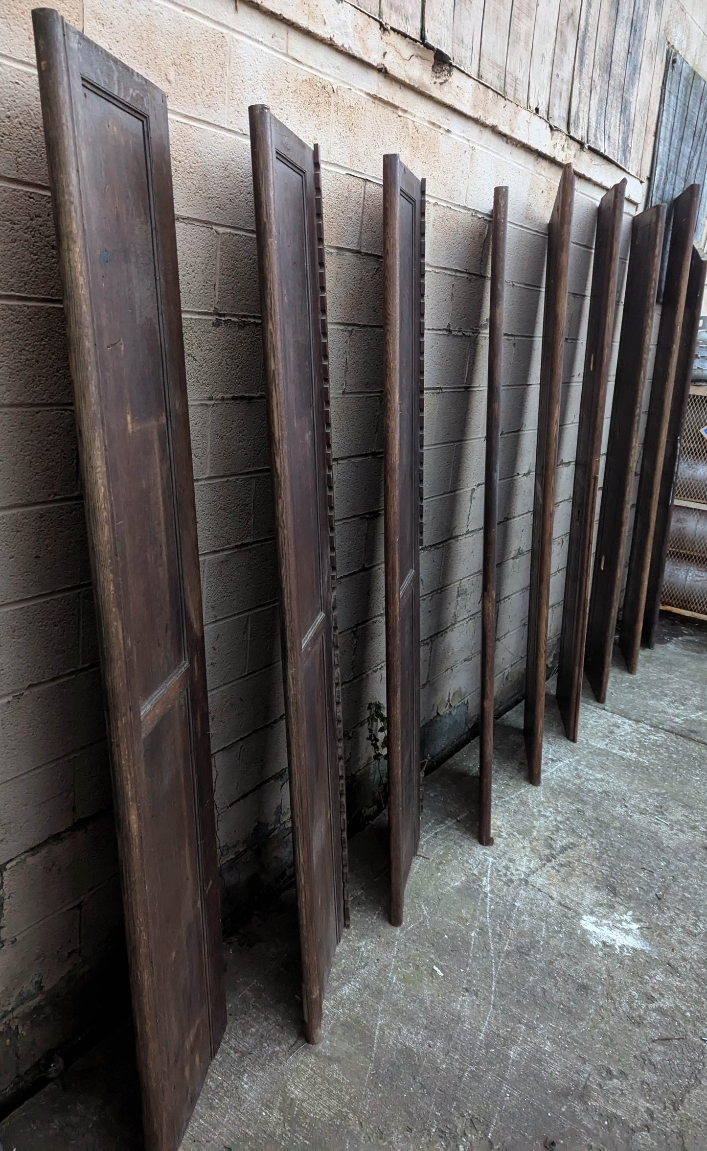 Lot of 9 Antique Vintage Old 8FT 20"W SOLID Riftsawn Oak Wall Panel Church Pew Back Boards Planks Closet Doors Wainscoting