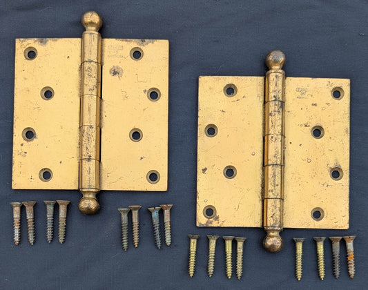 Pair 4.5"x4.5" Antique Vintage Old Salvaged Reclaimed Brass Forged Steel "Stanley" SW Exterior Entry Door Hinges Screws