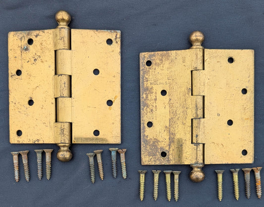 Pair 4.5"x4.5" Antique Vintage Old Salvaged Reclaimed Brass Forged Steel "Stanley" SW Exterior Entry Door Hinges Screws