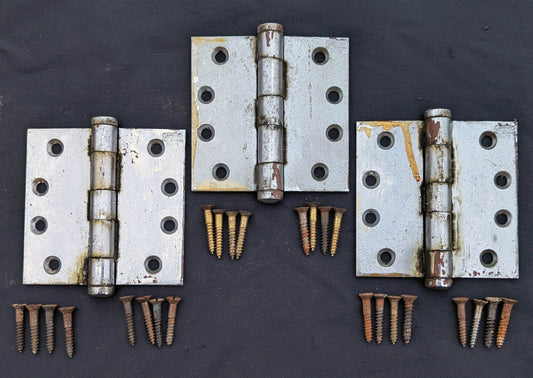 Set of 3 HEAVY! 4"x4" Vintage Old Antique "Lawrence" Chrome Plated SOLID Brass Interior Exterior Entry Door Hinges Butt Flat End Tip