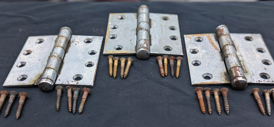 Set of 3 HEAVY! 4"x4" Vintage Old Antique "Lawrence" Chrome Plated SOLID Brass Interior Exterior Entry Door Hinges Butt Flat End Tip