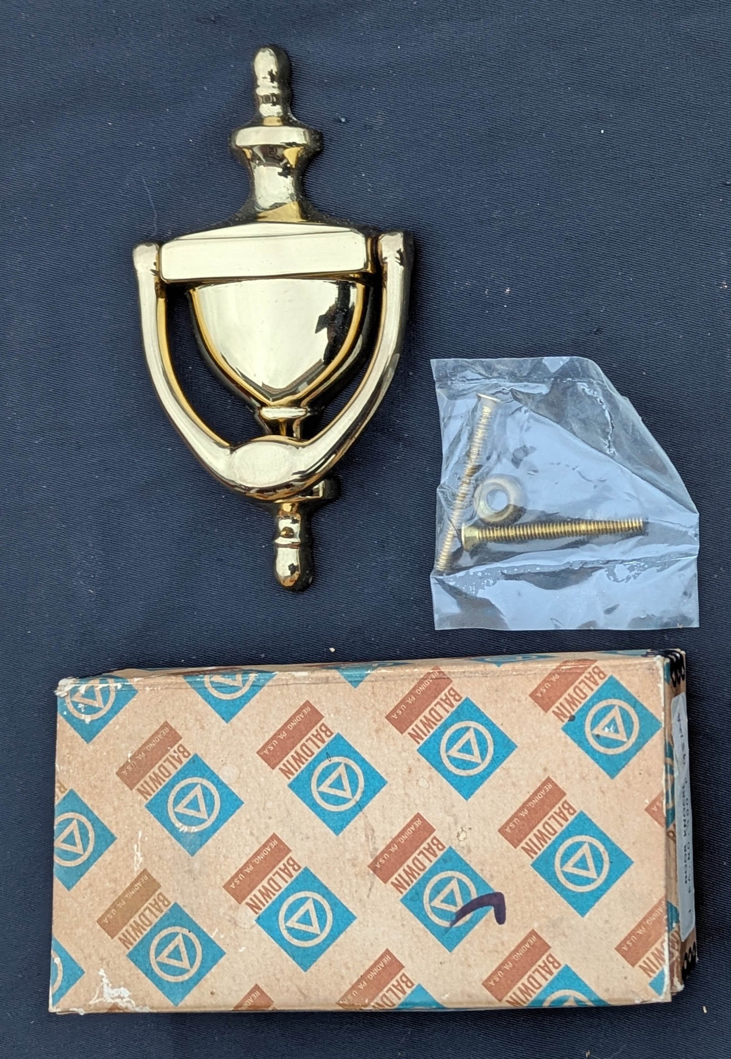 6" Vintage Antique Old NOS "Baldwin" Colonial Style SOLID Cast Brass Door Door Knocker Rapper Plate Polished Glossy