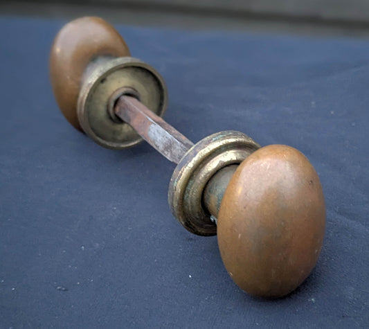 Pair Antique Vintage Old Salvaged Reclaimed Egg Oval SOLID Heavy Brass Doorknobs Door Knob Round Plates Rosette Exterior Entry