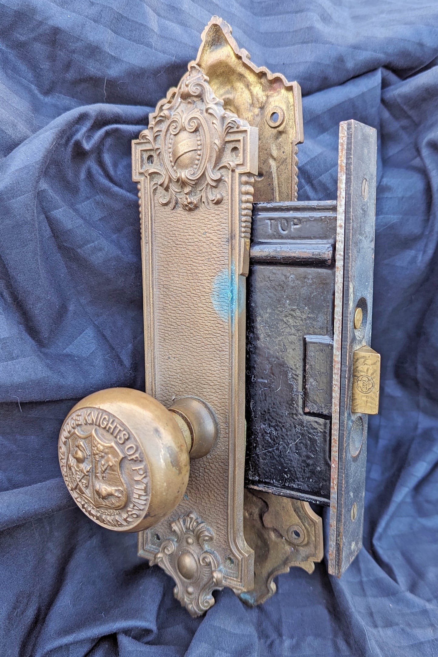 Antique Vintage Old Salvaged Reclaimed Yale Knights of Pythias Exterior Entry Door Set SOLID Bronze Brass Knob Plate Lock Lockset Key Neo Classical