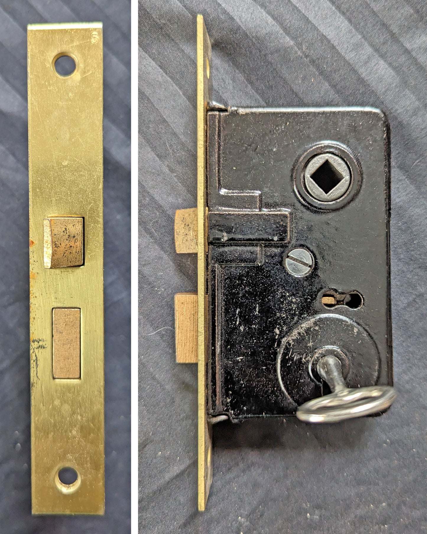 1.5" Backset Complete NOS Vintage Antique Old Reclaimed Salvaged Brass Steel Interior Door Lockset Knob Plate Lock Key