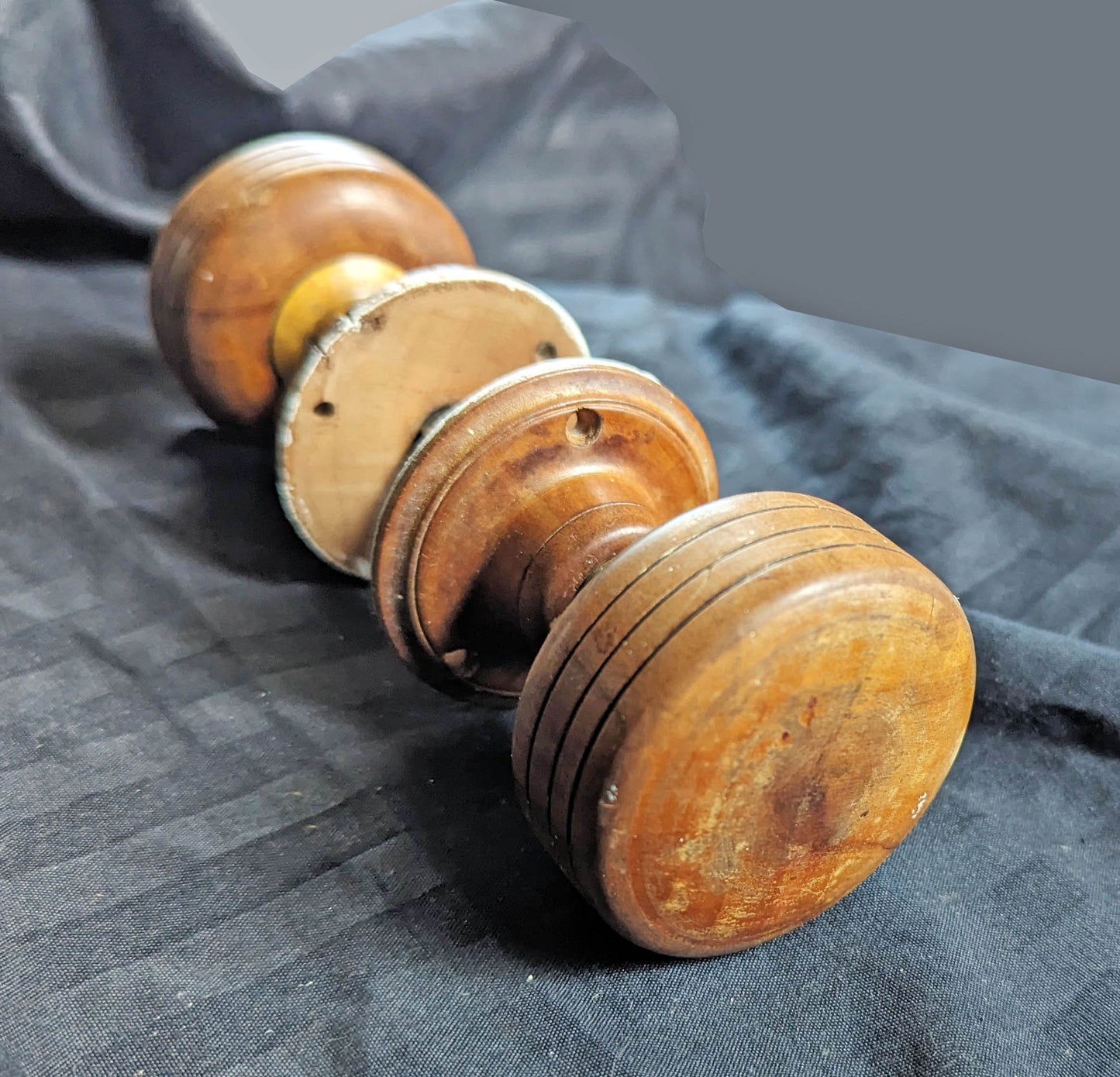 Pair Antique Vintage Old Salvaged Reclaimed Victorian Cherry Wood Wooden Box Drum Doorknobs Door Knobs Rosettes Plates Brass Bases Shanks