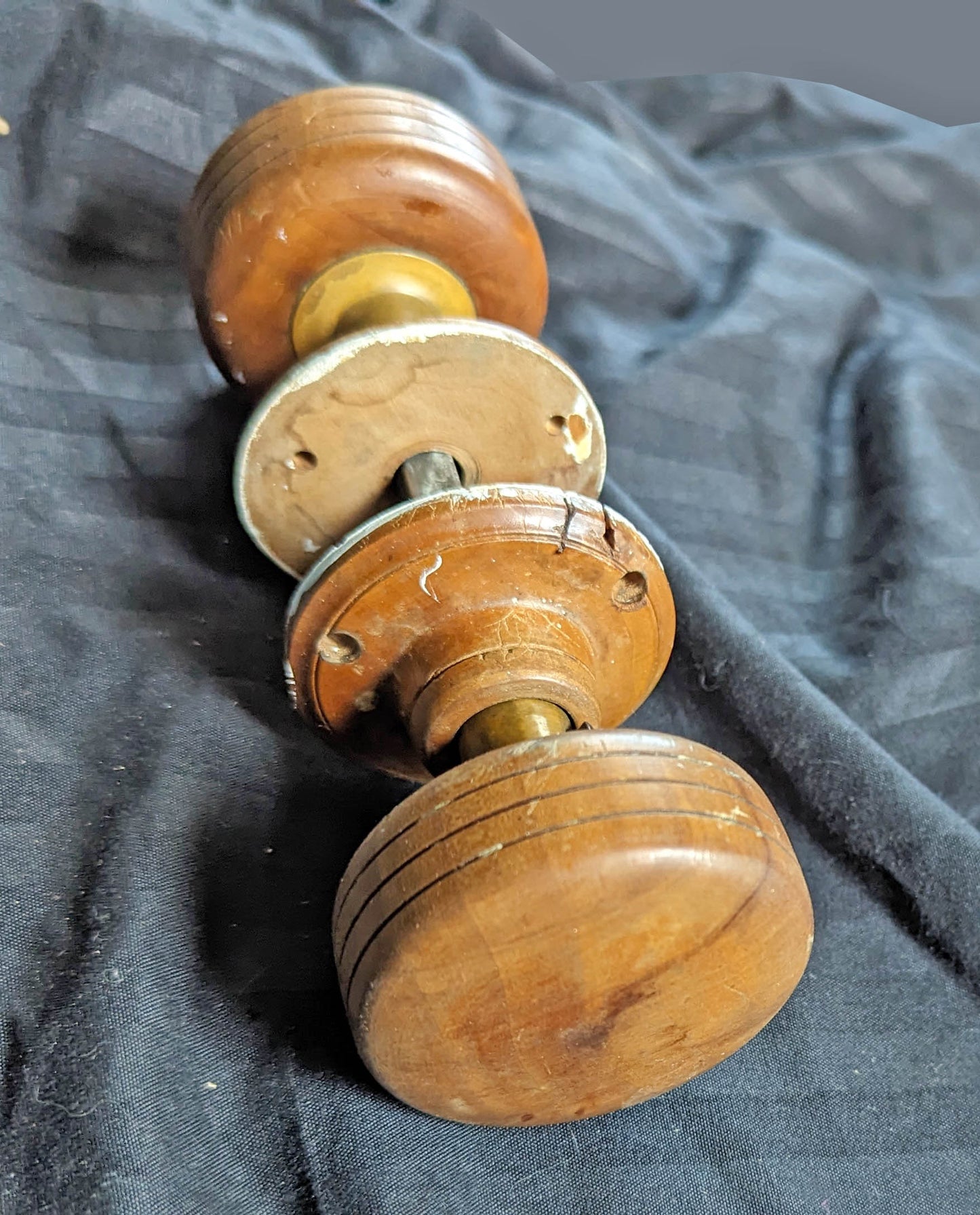 Pair Antique Vintage Old Salvaged Reclaimed Victorian Cherry Wood Wooden Box Drum Doorknobs Door Knobs Rosettes Plates Brass Bases Shanks