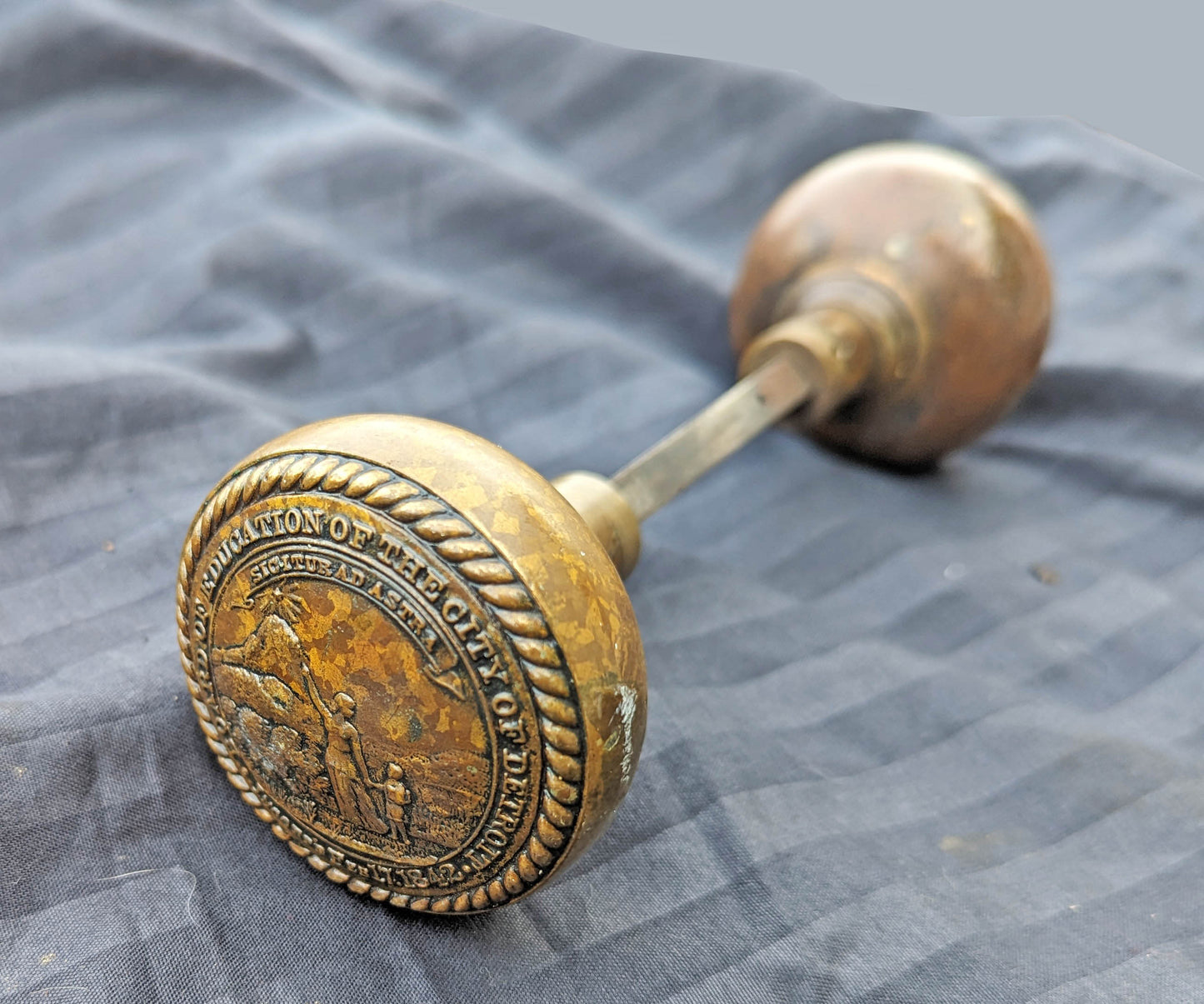 Pair Antique Vintage Old "Board of Education of the City of Detroit" SOLID Brass Doorknob Door Knobs Handles