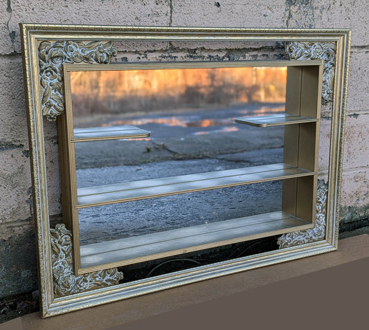 38"x28" Vintage Old Mid Century Modern "Illinois Moulding" Wood Wooden Antique White Hanging Wall Decorator Mirror