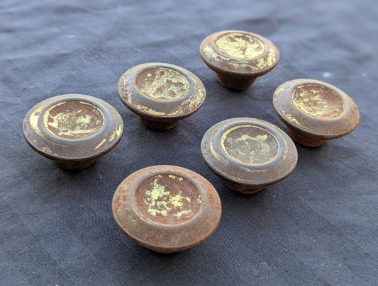 Lot of 6 Round Vintage Antique Old Salvaged Reclaimed Art Deco Steel Brass Cabinet Door Drawer Furniture Knob Doorknob Pull Handle 3 Pairs