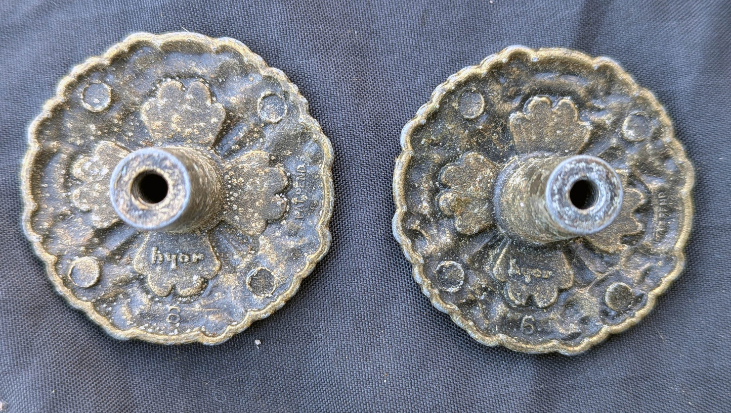 4 Pairs available Round Vintage Old Salvaged Reclaimed "HYER" Hollywood Regency Cast Metal Antique Brass Finish Cabinet Door Drawer Furniture Knob Doorknob Pull Handle