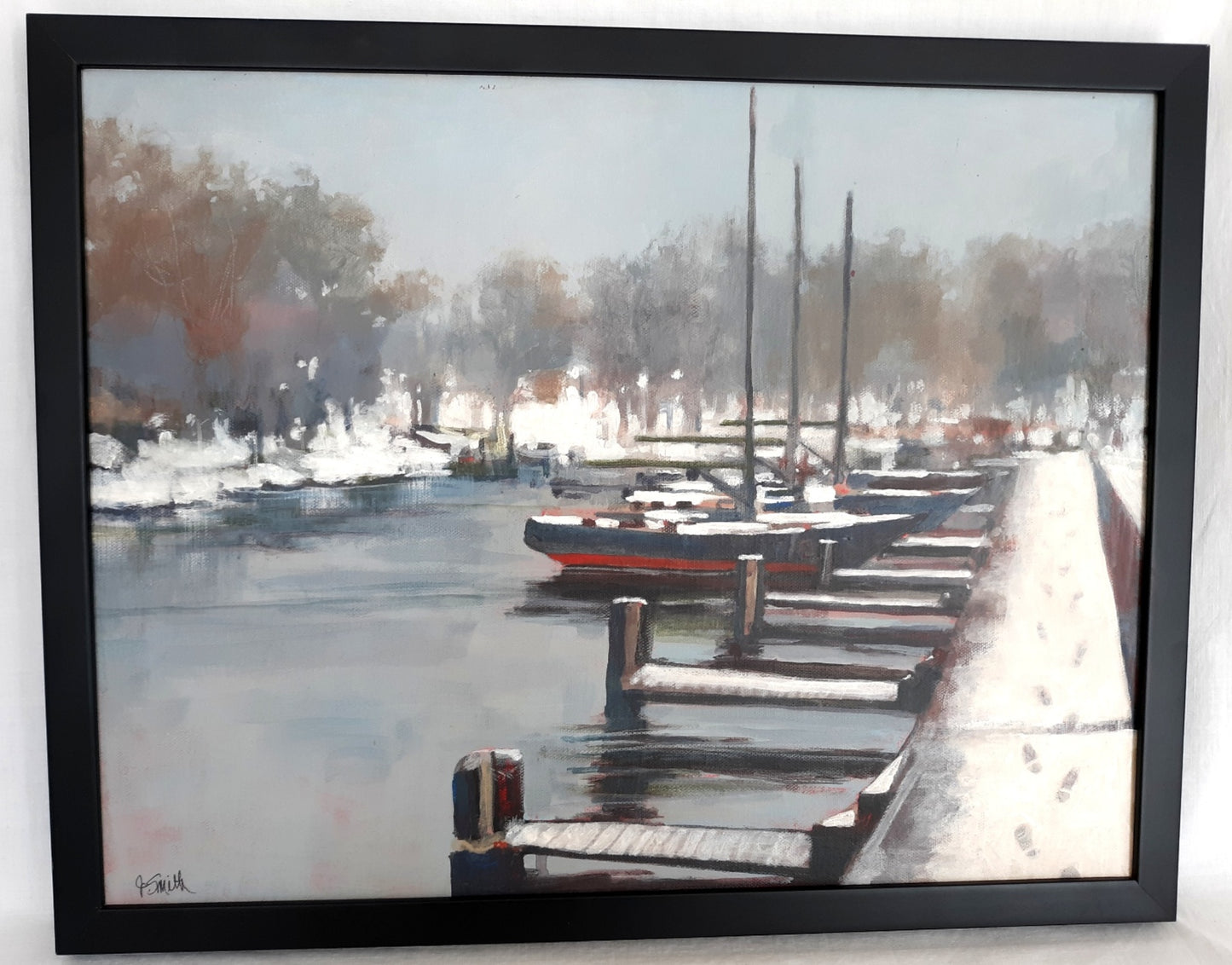Vintage Nautical Art Painting Horizontal Acrylic Paint on Canvas “Footprints in the Snow” Pier Boats Beach Coastal Décor Signed J. Smith