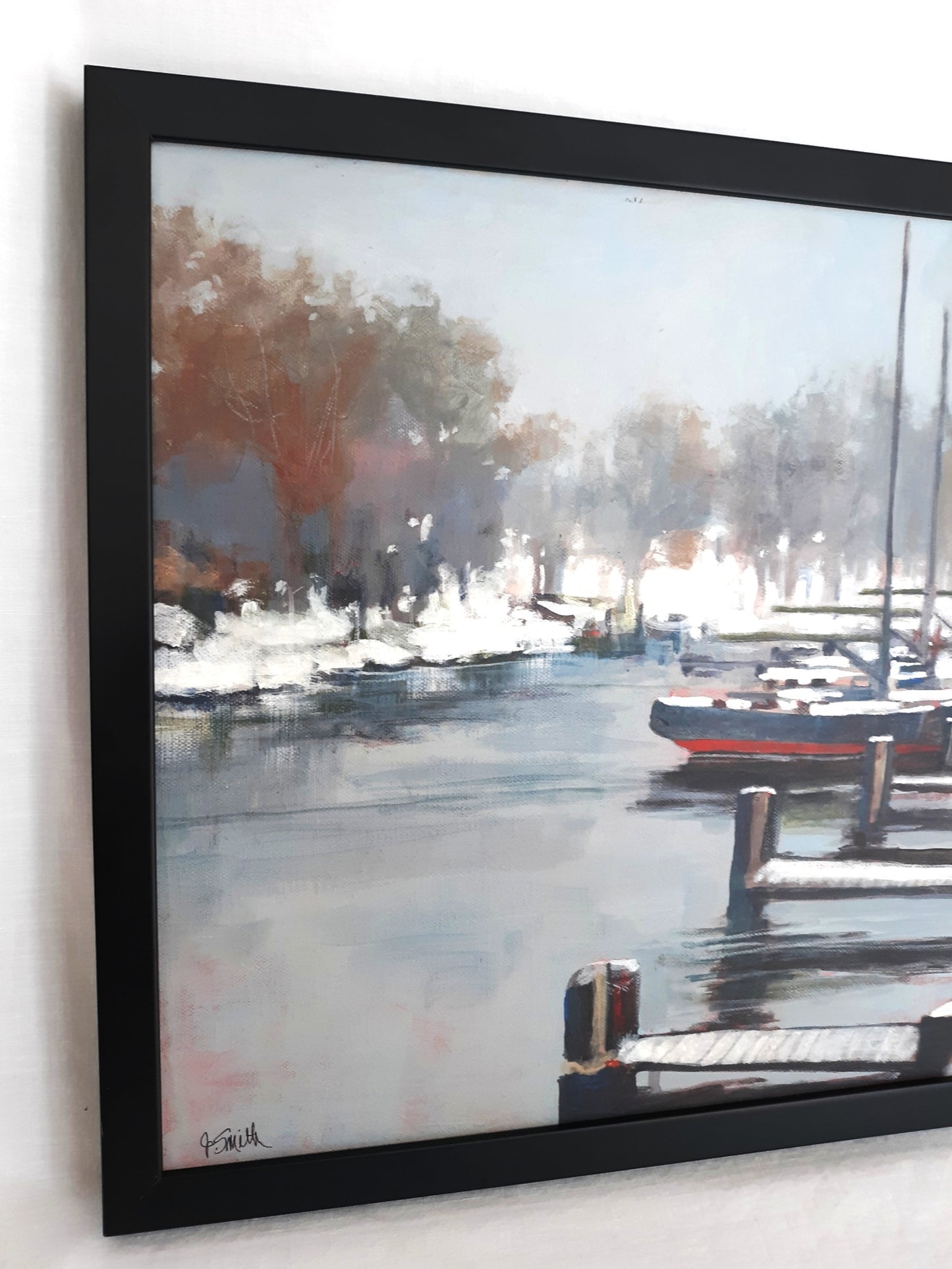 Vintage Nautical Art Painting Horizontal Acrylic Paint on Canvas “Footprints in the Snow” Pier Boats Beach Coastal Décor Signed J. Smith