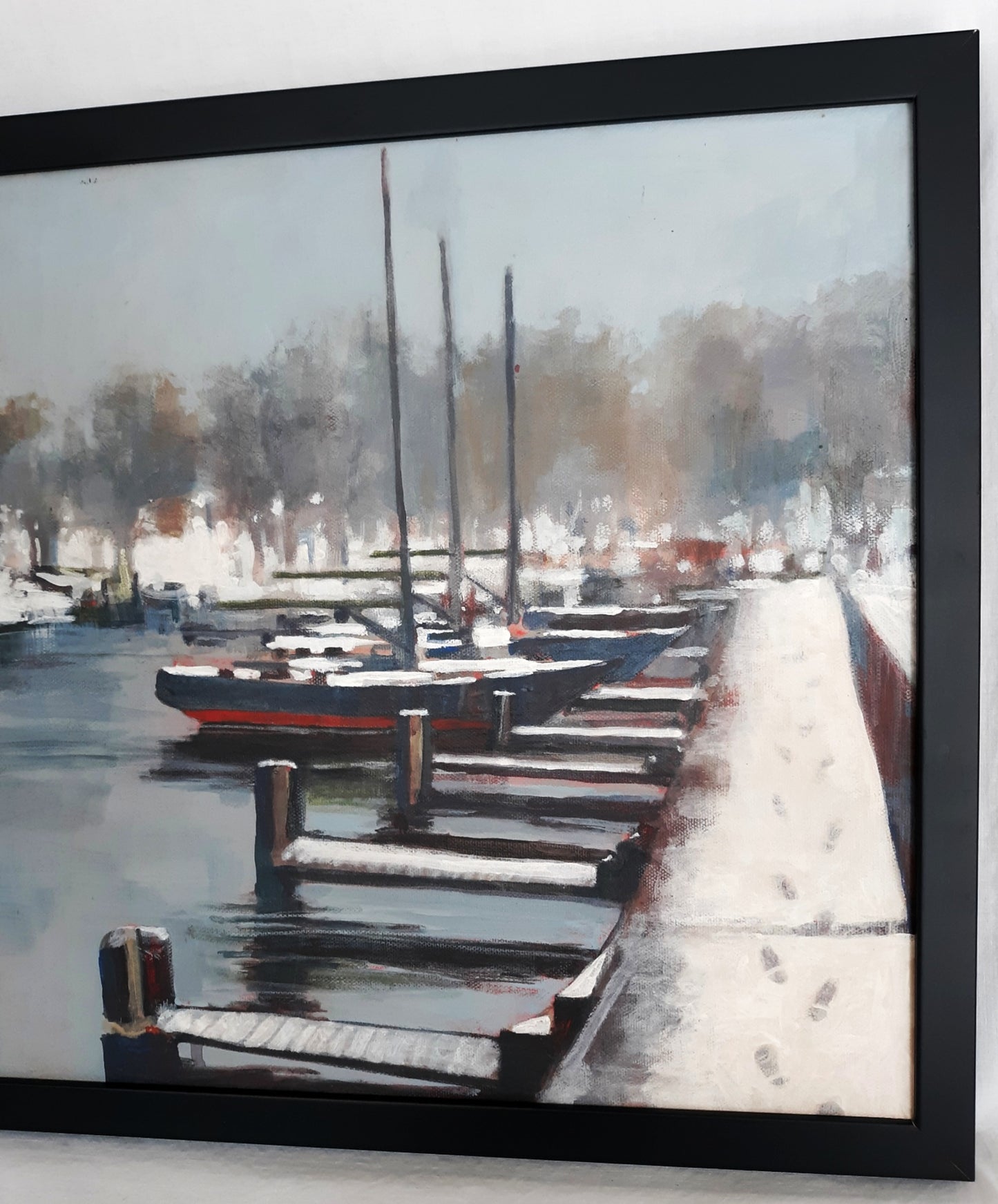 Vintage Nautical Art Painting Horizontal Acrylic Paint on Canvas “Footprints in the Snow” Pier Boats Beach Coastal Décor Signed J. Smith