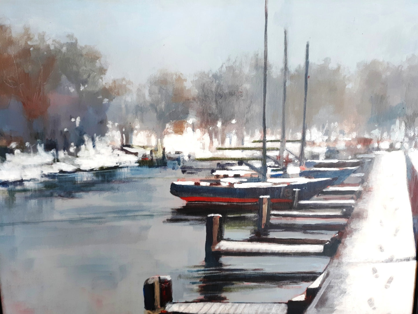 Vintage Nautical Art Painting Horizontal Acrylic Paint on Canvas “Footprints in the Snow” Pier Boats Beach Coastal Décor Signed J. Smith