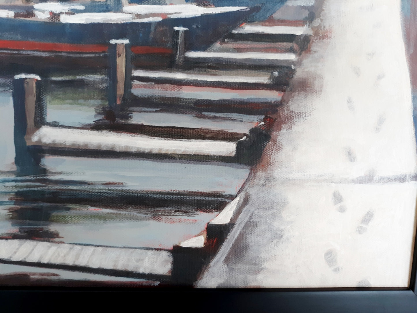 Vintage Nautical Art Painting Horizontal Acrylic Paint on Canvas “Footprints in the Snow” Pier Boats Beach Coastal Décor Signed J. Smith