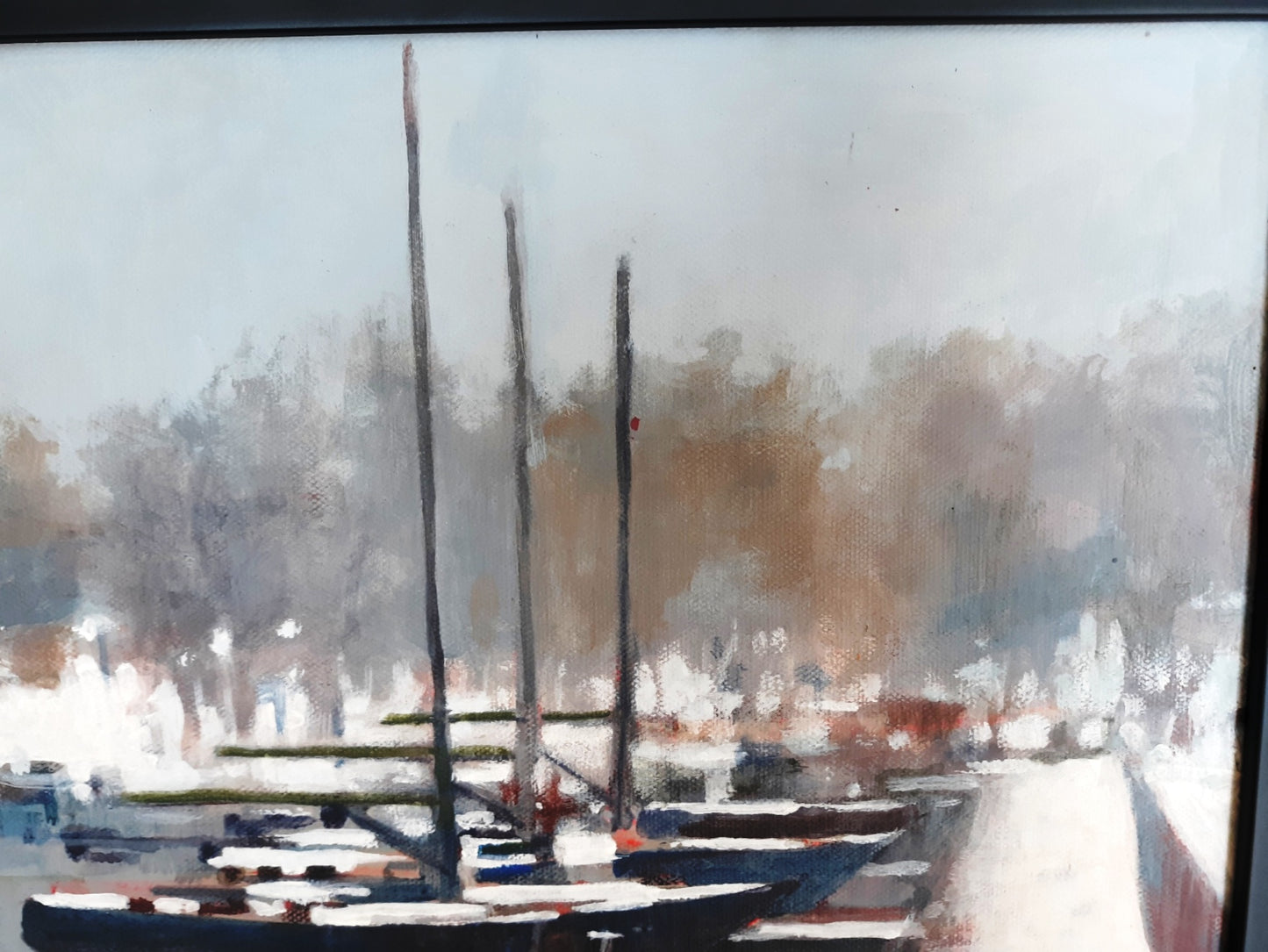 Vintage Nautical Art Painting Horizontal Acrylic Paint on Canvas “Footprints in the Snow” Pier Boats Beach Coastal Décor Signed J. Smith