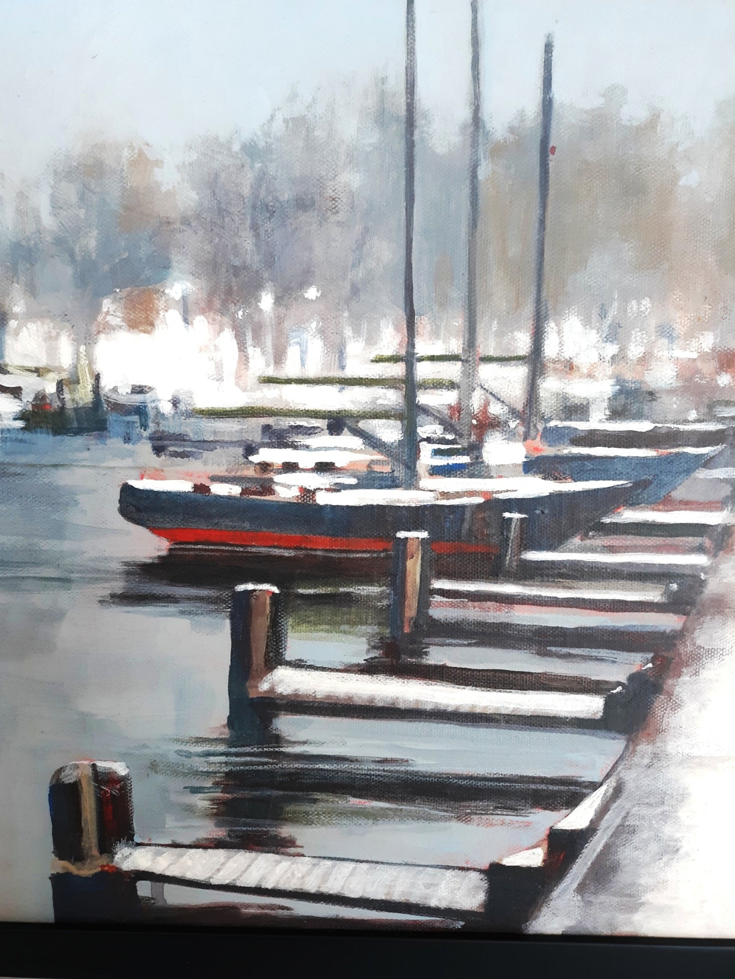 Vintage Nautical Art Painting Horizontal Acrylic Paint on Canvas “Footprints in the Snow” Pier Boats Beach Coastal Décor Signed J. Smith