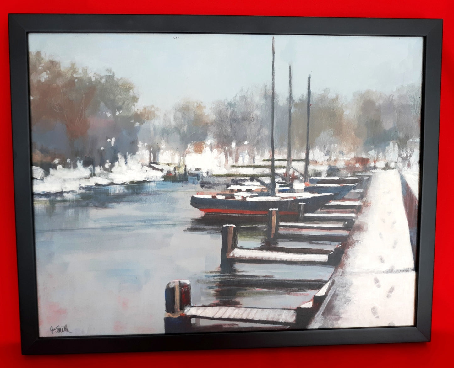 Vintage Nautical Art Painting Horizontal Acrylic Paint on Canvas “Footprints in the Snow” Pier Boats Beach Coastal Décor Signed J. Smith