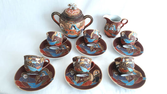 Vtg Satsuma Moriage Demitasse Porcelain Hand Painted Colorful Heavy Gilt Tea Coffee Set & Creamer 13 PCS Betson Japan Raised Geisha Designs