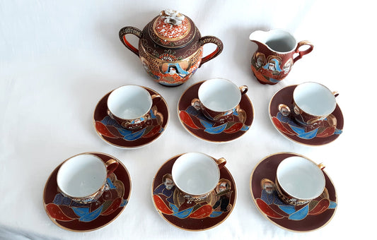 Vtg Satsuma Moriage Demitasse Porcelain Hand Painted Colorful Heavy Gilt Tea Coffee Set & Creamer 13 PCS Betson Japan Raised Geisha Designs