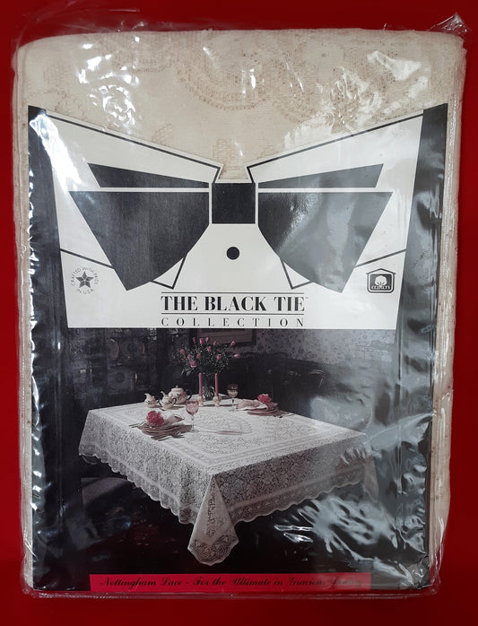 Vintage Black Tie Collection Woven Nottingham Lace Round Ivory Cotton Tablecloth Floral Design Medallion 90” D-NOS- Made in USA