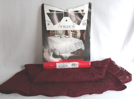 Vintage Black-Tie Collection Round Elegant Tablecloth Woven Nottingham Scranton Lace Co Perma Press Deep Burgundy 70” D- NOS-Made in USA