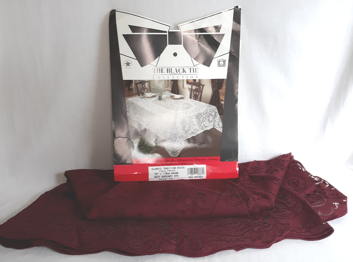 Vintage Black-Tie Collection Round Elegant Tablecloth Woven Nottingham Scranton Lace Co Perma Press Deep Burgundy 70” D- NOS-Made in USA