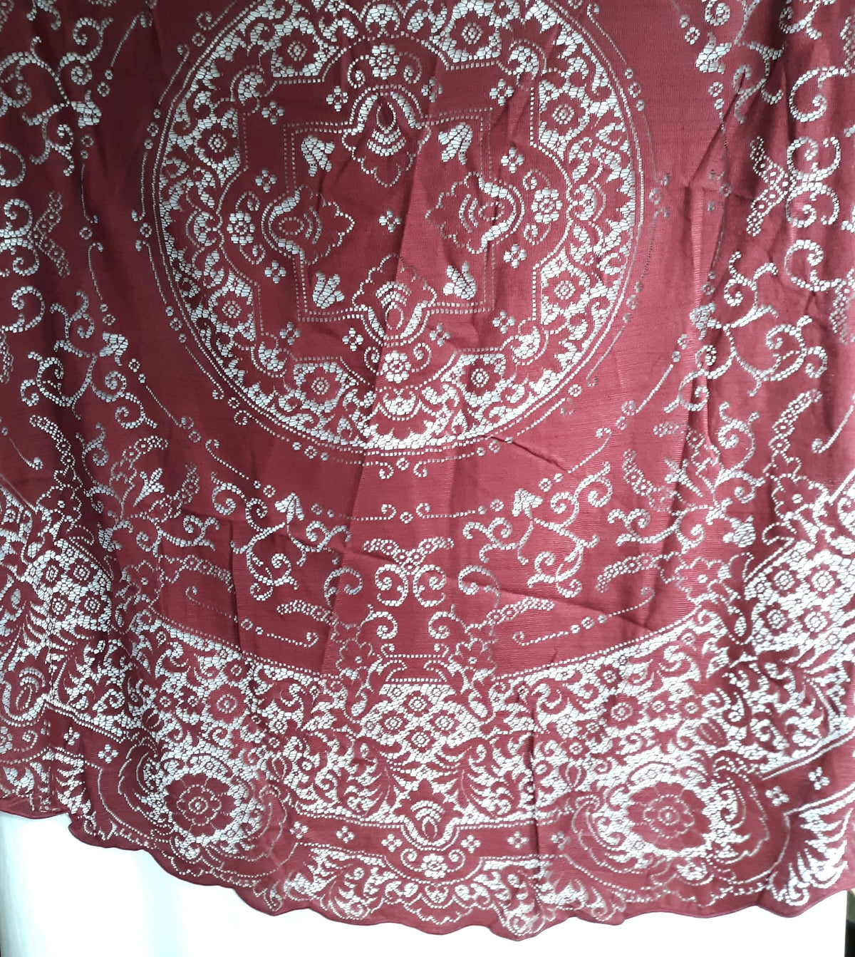 Vintage Black-Tie Collection Round Elegant Tablecloth Woven Nottingham Scranton Lace Co Perma Press Deep Burgundy 70” D- NOS-Made in USA