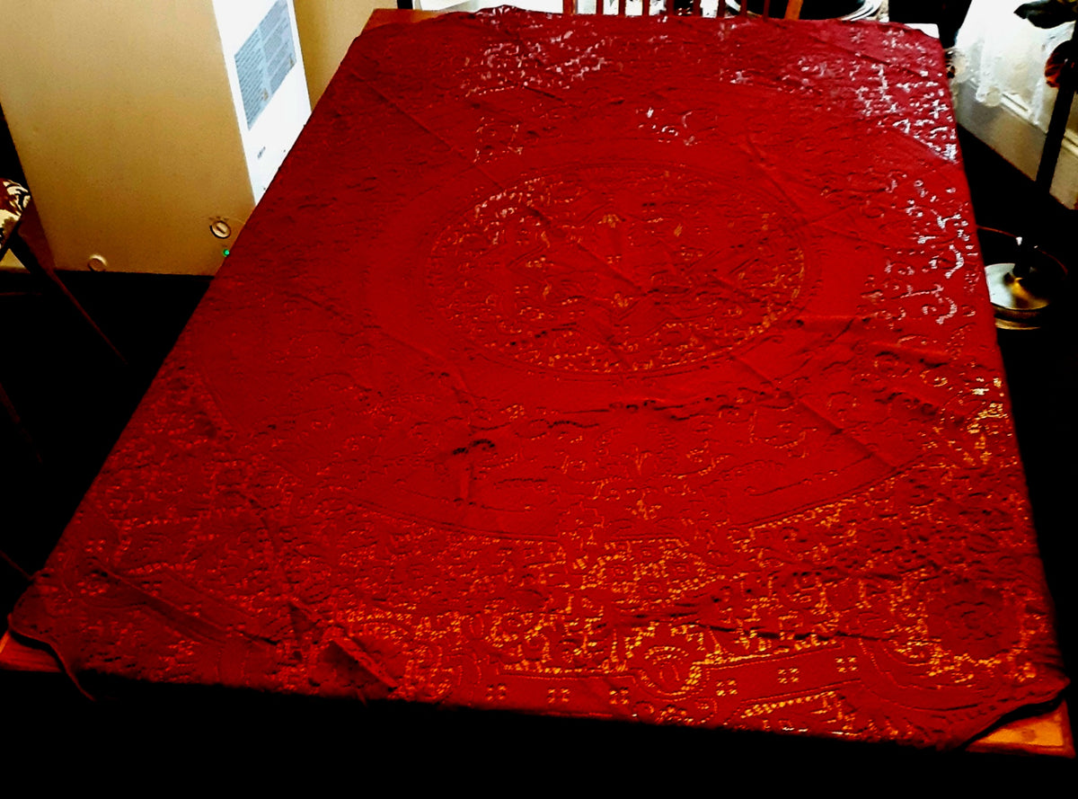 Vintage Black-Tie Collection Round Elegant Tablecloth Woven Nottingham Scranton Lace Co Perma Press Deep Burgundy 70” D- NOS-Made in USA