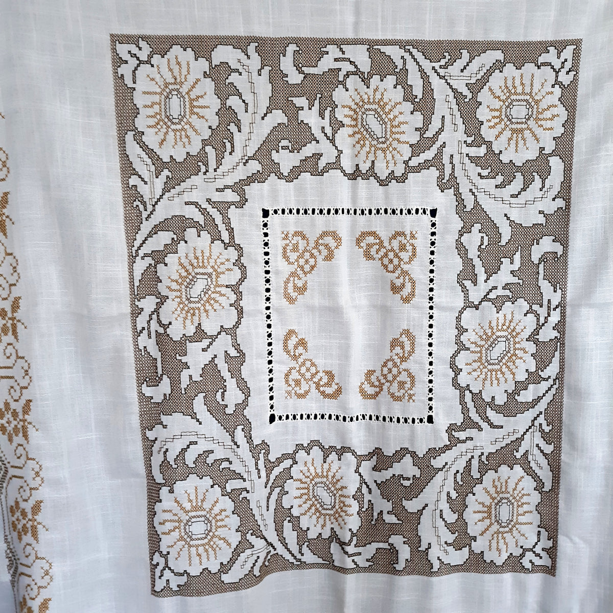 Elegant Italian White Linen Rectangle Long Tablecloth Cross Stitched Baroque Design Hand Cut Work Gold Color Thread 51” W x 110” L - NOS