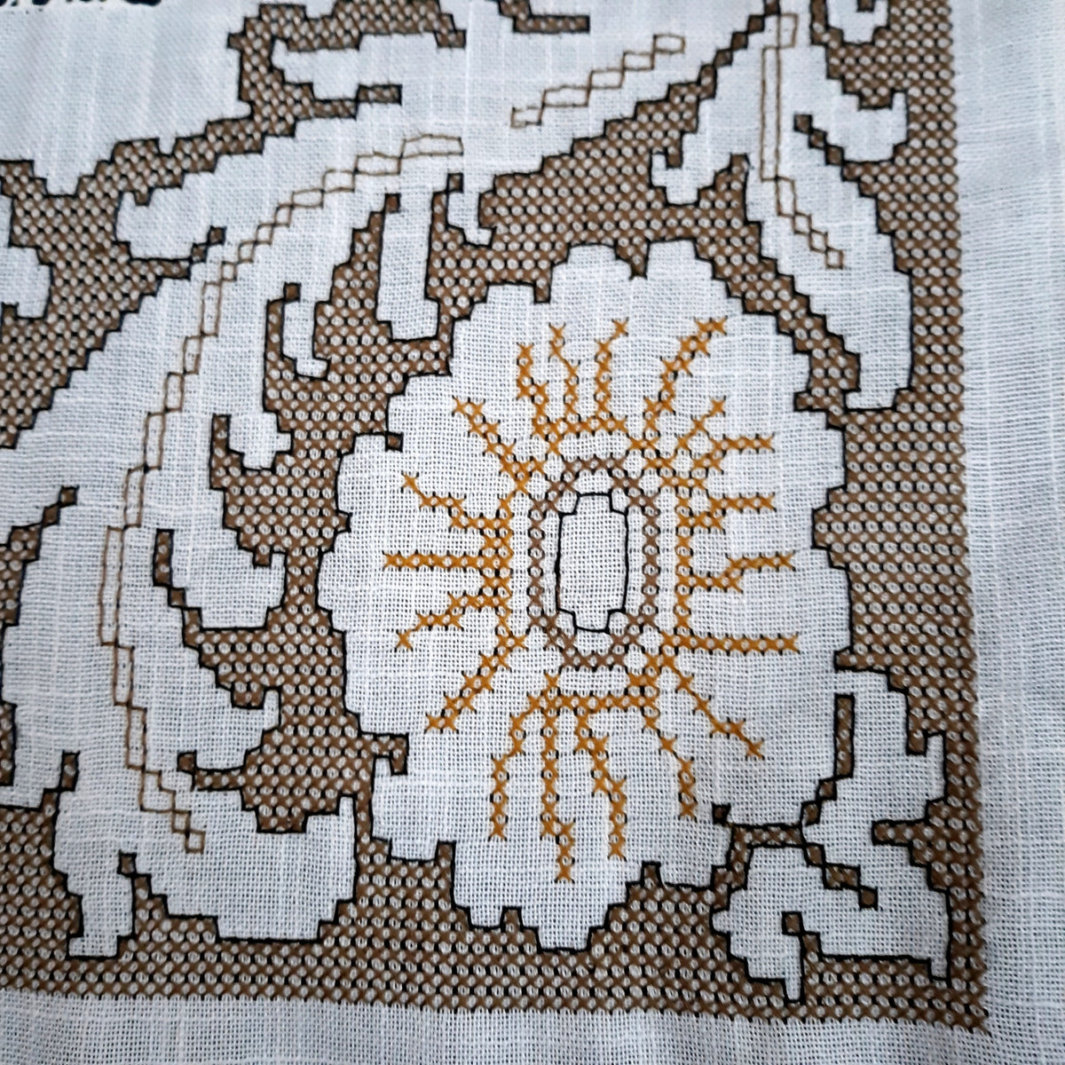Elegant Italian White Linen Rectangle Long Tablecloth Cross Stitched Baroque Design Hand Cut Work Gold Color Thread 51” W x 110” L - NOS