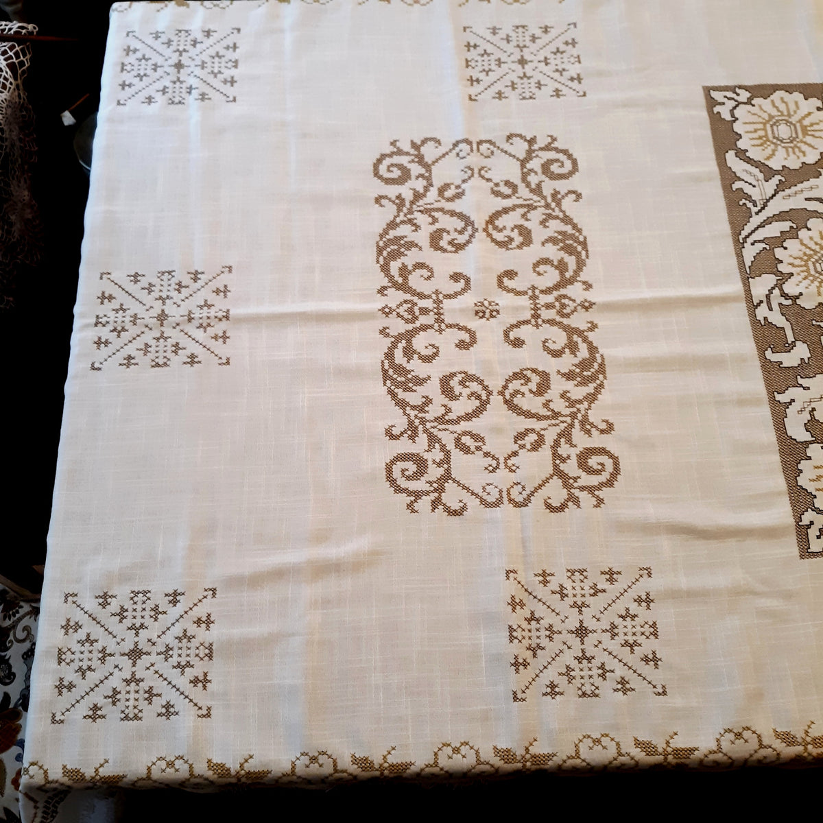 Elegant Italian White Linen Rectangle Long Tablecloth Cross Stitched Baroque Design Hand Cut Work Gold Color Thread 51” W x 110” L - NOS